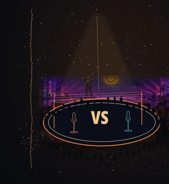 Two microphones facing off in a spotlit ring marked VS, an audience seated in the round