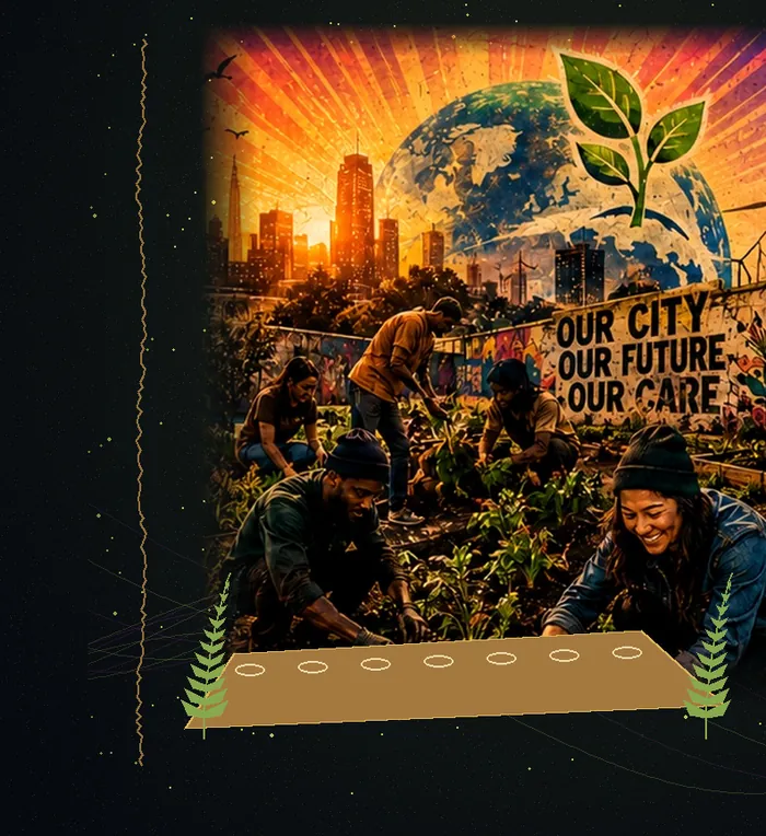 People planting a garden at sunset under Earth and a seedling, beside a sign reading Our City, Our Future, Our Care