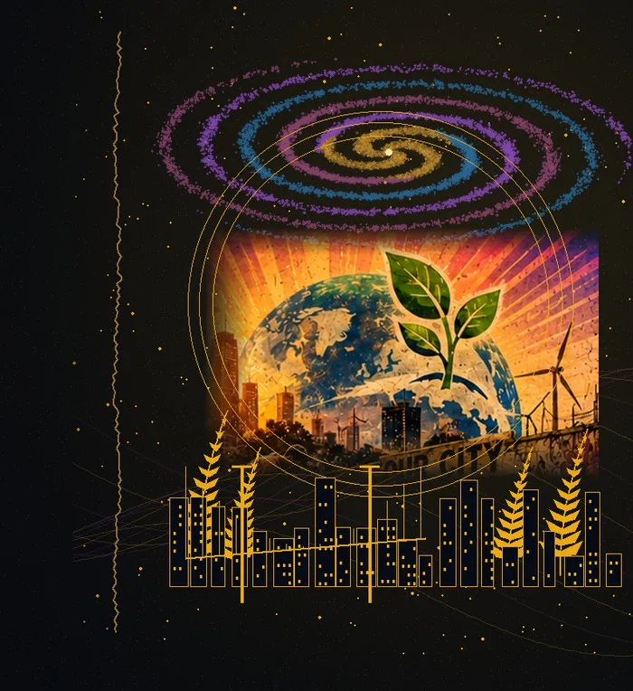 A spiral galaxy above Earth with a sprouting seedling, wind turbines and a sunset city skyline