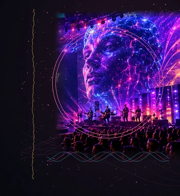 A giant face made of light rising above a band on stage, the crowd silhouetted below