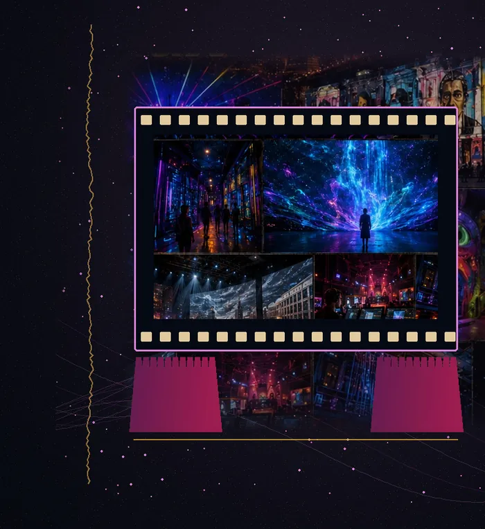 A strip of film framing an audience beneath a towering wall of light