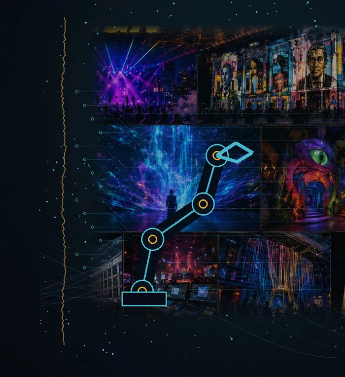 A line-drawn robotic arm in front of a wall of glowing screens and murals